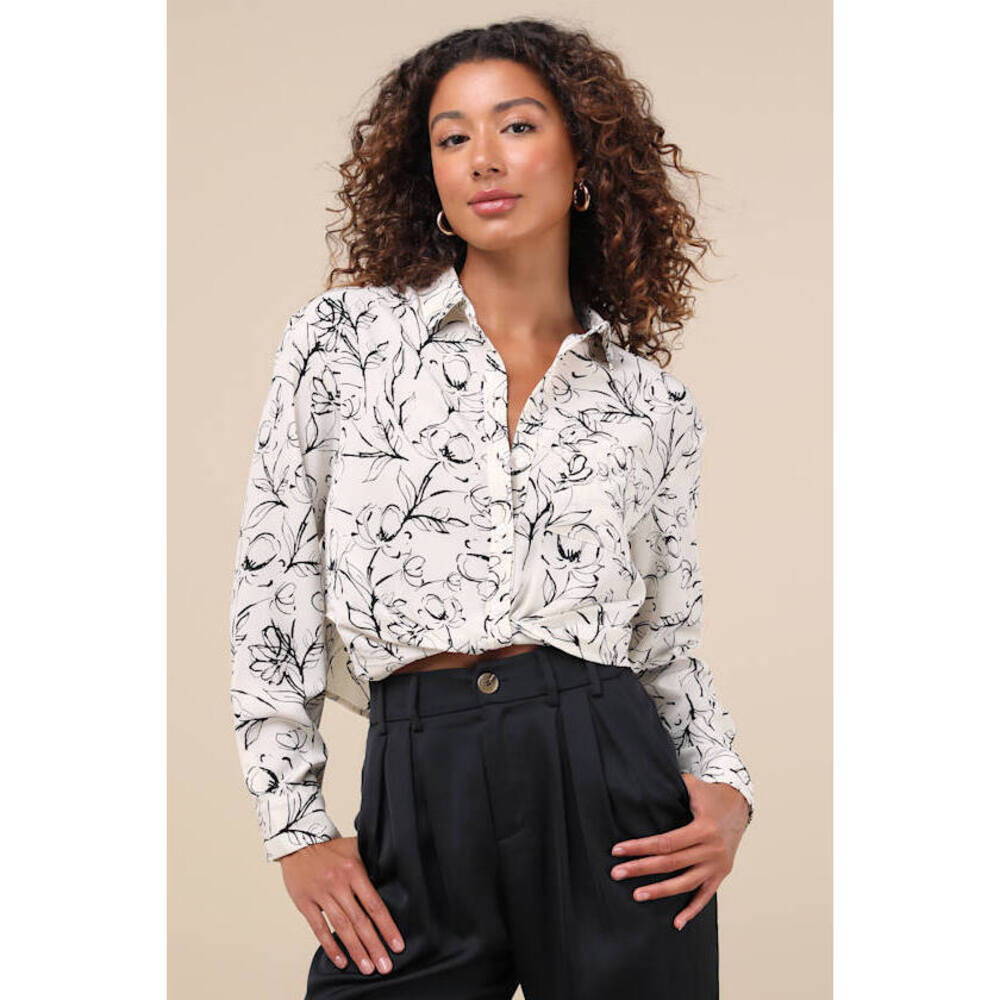 Lulus Artsy Attitude White Floral Collared Twist Hem Button-up Top - Size S